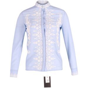 Vilshenko Embroidered Mock Neck Shirt in Blue Cotton Wool